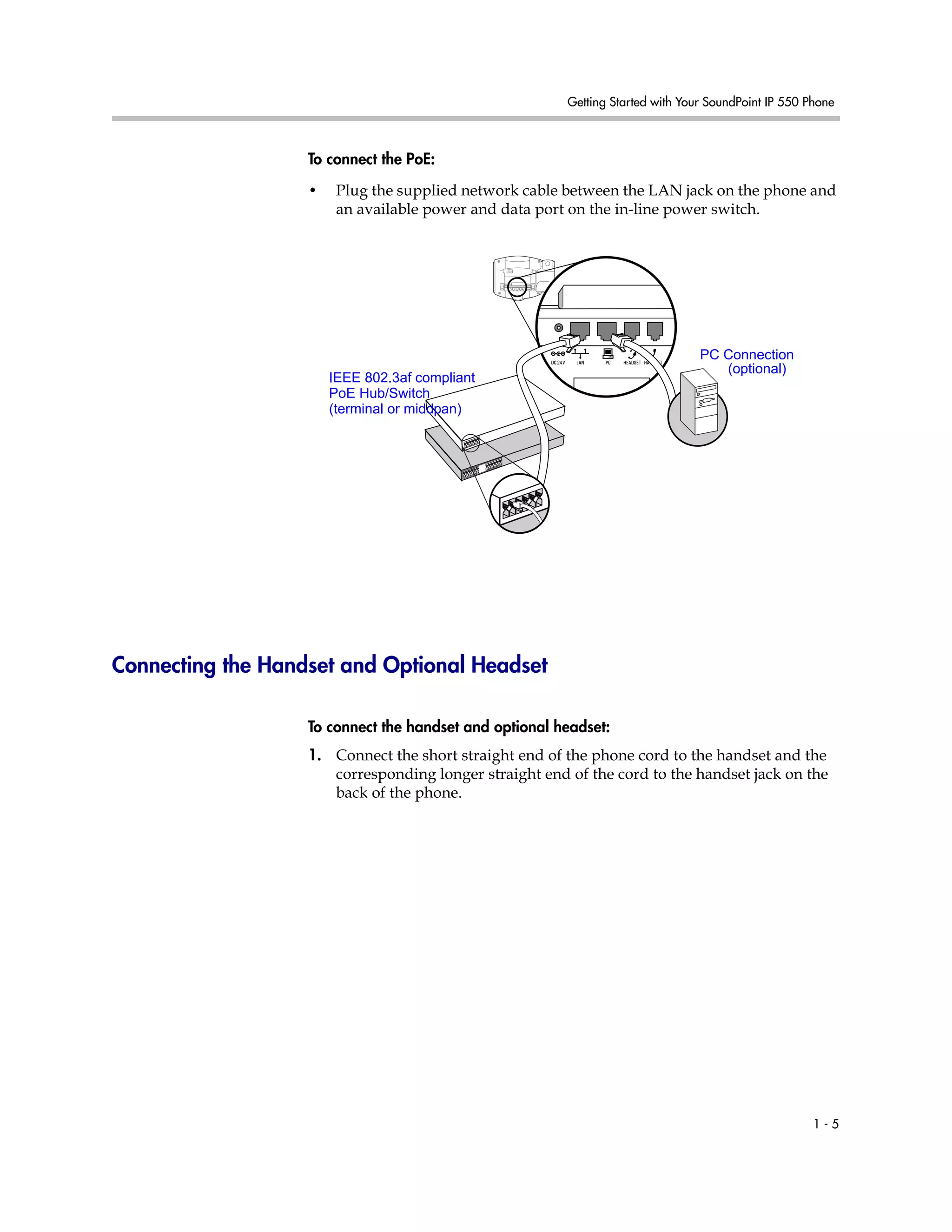 Getting Started with Your SoundPoint IP 550 Phone
1 - 5
To connect the PoE:
• Plug the supplied network cable between the LAN jack on the phone and
an available power and data port on the in-line power switch.
Connecting the Handset and Optional Headset
To connect the handset and optional headset:
1. Connect the short straight end of the phone cord to the handset and the
corresponding longer straight end of the cord to the handset jack on the
back of the phone.
IEEE 802.3af compliant
PoE Hub/Switch
(terminal or middpan)
PC Connection
(optional)
 
