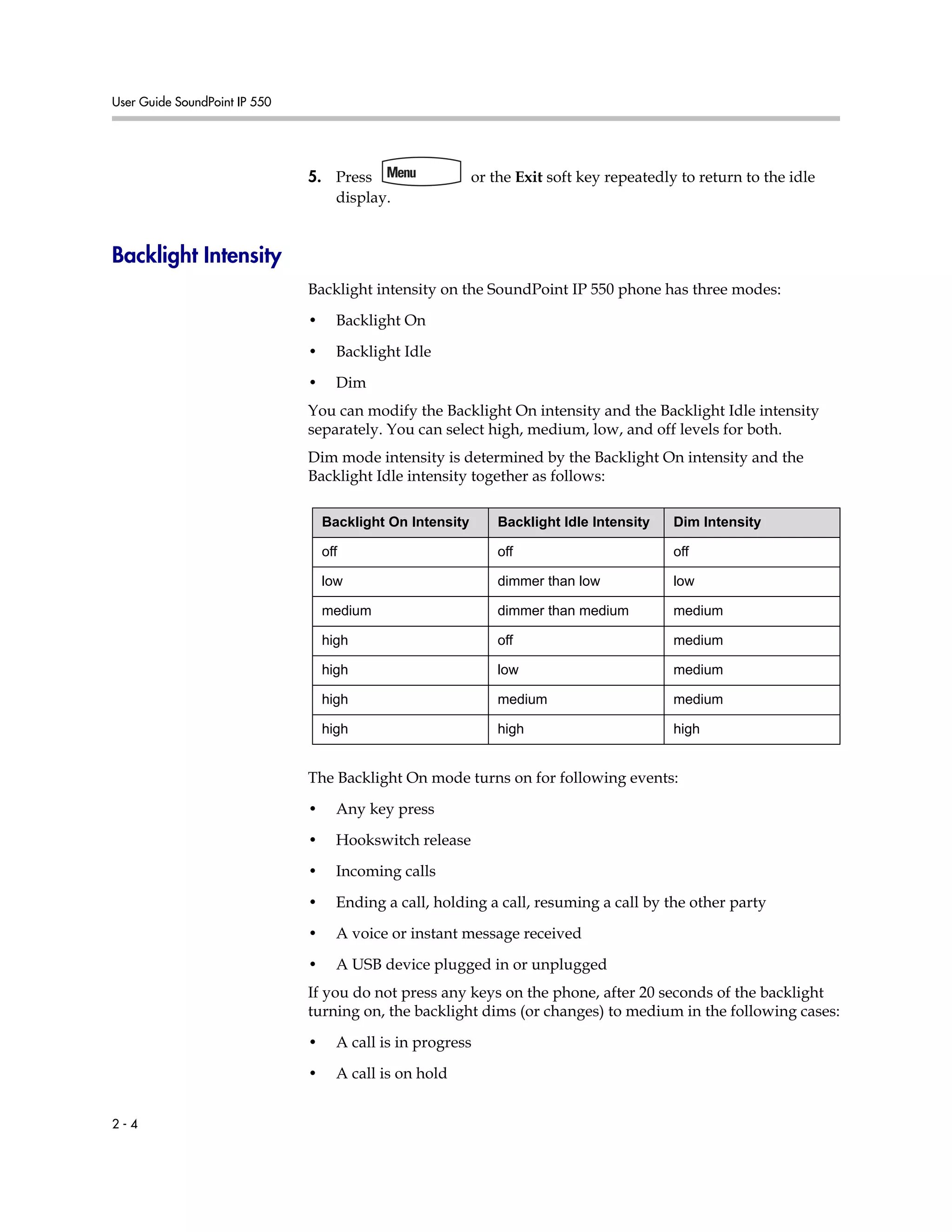 User Guide SoundPoint IP 550
2 - 4
5. Press or the Exit soft key repeatedly to return to the idle
display.
Backlight Intensity
Backlight intensity on the SoundPoint IP 550 phone has three modes:
• Backlight On
• Backlight Idle
• Dim
You can modify the Backlight On intensity and the Backlight Idle intensity
separately. You can select high, medium, low, and off levels for both.
Dim mode intensity is determined by the Backlight On intensity and the
Backlight Idle intensity together as follows:
The Backlight On mode turns on for following events:
• Any key press
• Hookswitch release
• Incoming calls
• Ending a call, holding a call, resuming a call by the other party
• A voice or instant message received
• A USB device plugged in or unplugged
If you do not press any keys on the phone, after 20 seconds of the backlight
turning on, the backlight dims (or changes) to medium in the following cases:
• A call is in progress
• A call is on hold
Backlight On Intensity Backlight Idle Intensity Dim Intensity
off off off
low dimmer than low low
medium dimmer than medium medium
high off medium
high low medium
high medium medium
high high high
 