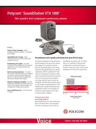 Polycom® SoundStation VTX 1000™
The world’s first wideband conference phone

Benefits
Acoustic Clarity Technology – Allows
simultaneous natural conversation – the industry’s
best full duplex.
Unparalleled room coverage – Speak
naturally from two-feet to 20-feet and be heard
clearly on the far end.

Revolutionary voice quality and clarity from up to 20 feet away.
The Polycom SoundStation VTX 1000 with Acoustic

and collaborate any way you want. The Polycom

Revolutionary voice quality – The world’s
first phone to deliver wideband voice over ordinary
telephone lines; it’s like going from black and
white to color TV!

Clarity Technology is truly a leap in voice conferenc-

Office is our commitment to making distance

ing technology. It’s the world’s first conference

communications as natural and interactive as

phone that automatically adapts to each meeting

being there. Work faster, smarter, and better with

environment, providing high fidelity voice clarity for

SoundStation VTX 1000 and The Polycom Office.

Built-in investment protection – The world’s
first conference phone that allows you to download
new software remotely through an ordinary telephone line to add new features and applications.
Ask about our SharedCare Plus Program.

all participants. With the SoundStation VTX 1000,
conference call participants can speak at a normal,
natural conversation level and be heard clearly from

Wideband Audio

two-feet to 20-feet away from the microphone –
Narrowband
300 - 3300 Hz
(All Other
Telephones)

even in large conference rooms. And, when two
Maximum configuration flexibility – Has independent input and output, bass/treble controls, and
internal mic and speaker control for multiple uses
and applications including external speakers.

SoundStation VTX 1000 conference phones connect
on a call, the phones automatically connect in VTX
Wideband mode, resulting in extraordinary clarity.

Polycom VTX Wideband
80 - 7000 Hz

SoundStation VTX 1000 is the voice platform for
Easy to install/easy to use – Start conferencing
in minutes!

the future. No wonder Polycom is the #1 choice
in conference phones, worldwide.
The best-in-class choice

100 300

3500

7000

Range of Human Speech
Frequency (Hz)

for The Polycom Office™
With integrated video, voice, data, and Web capabilities, The Polycom Office is the only solution
that offers an easy way to connect, conference,

Connect. Any Way You Want.

 