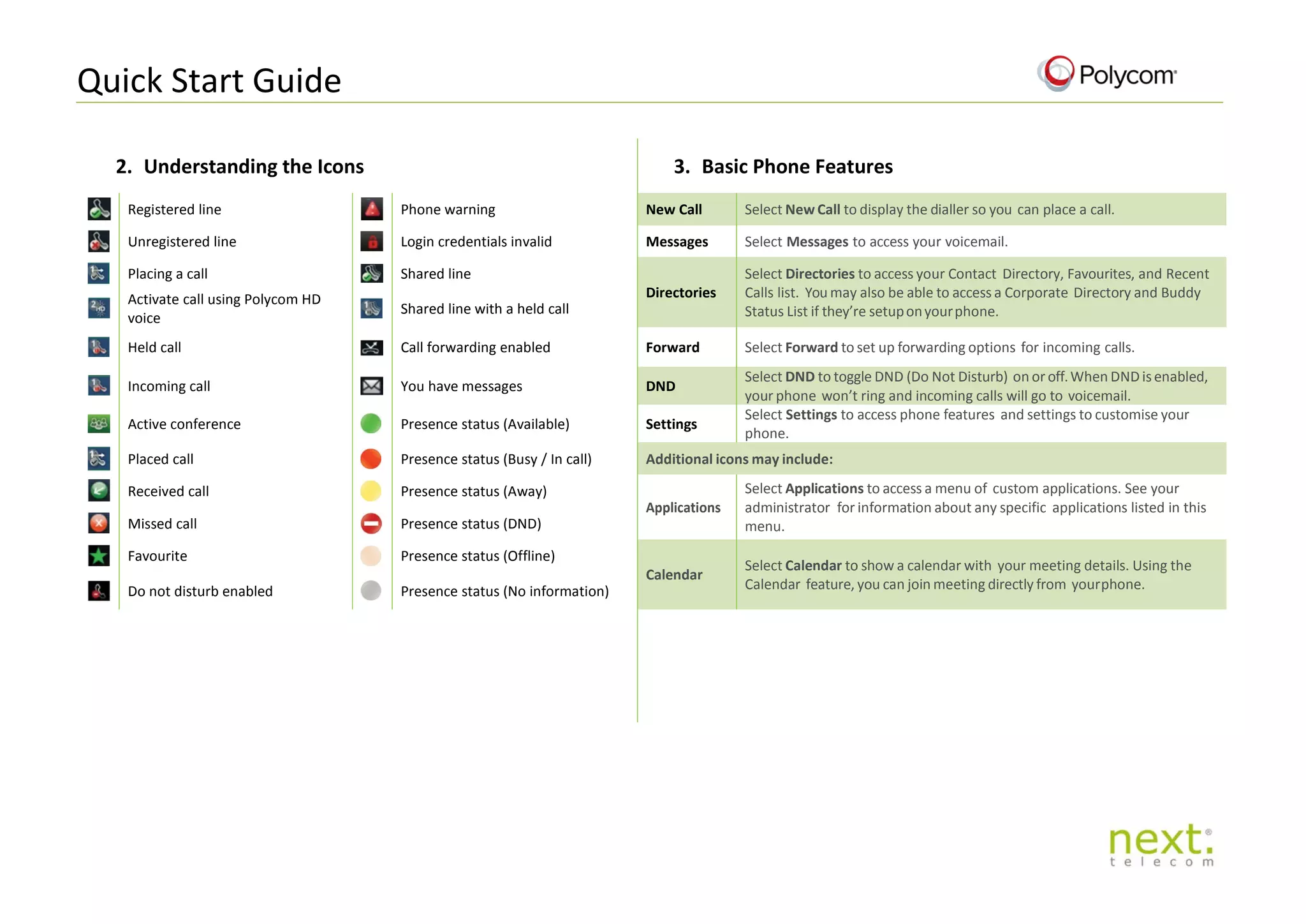 Quick Start Guide
2. Understanding the Icons 3. Basic Phone Features
Registered line Phone warning New Call Select New Call to display the dialler so you can place a call.
Unregistered line Login credentials invalid Messages Select Messages to access your voicemail.
Placing a call Shared line
Directories
Select Directories to access your Contact Directory, Favourites, and Recent
Calls list. You may also be able to access a Corporate Directory and Buddy
Status List if they’re setuponyourphone.
Activate call using Polycom HD
voice
Shared line with a held call
Held call Call forwarding enabled Forward Select Forward to set up forwarding options for incoming calls.
Incoming call You have messages DND
Select DND to toggle DND (Do Not Disturb) on or off.When DND is enabled,
your phone won’t ring and incoming calls will go to voicemail.
Active conference Presence status (Available) Settings
Select Settings to access phone features and settings to customise your
phone.
Placed call Presence status (Busy / In call) Additional icons may include:
Received call Presence status (Away)
Applications
Select Applications to access a menu of custom applications. See your
administrator for information about any specific applications listed in this
menu.Missed call Presence status (DND)
Favourite Presence status (Offline)
Calendar
Select Calendar to show a calendar with your meeting details. Using the
Calendar feature, you can join meeting directly from yourphone.Do not disturb enabled Presence status (No information)
 