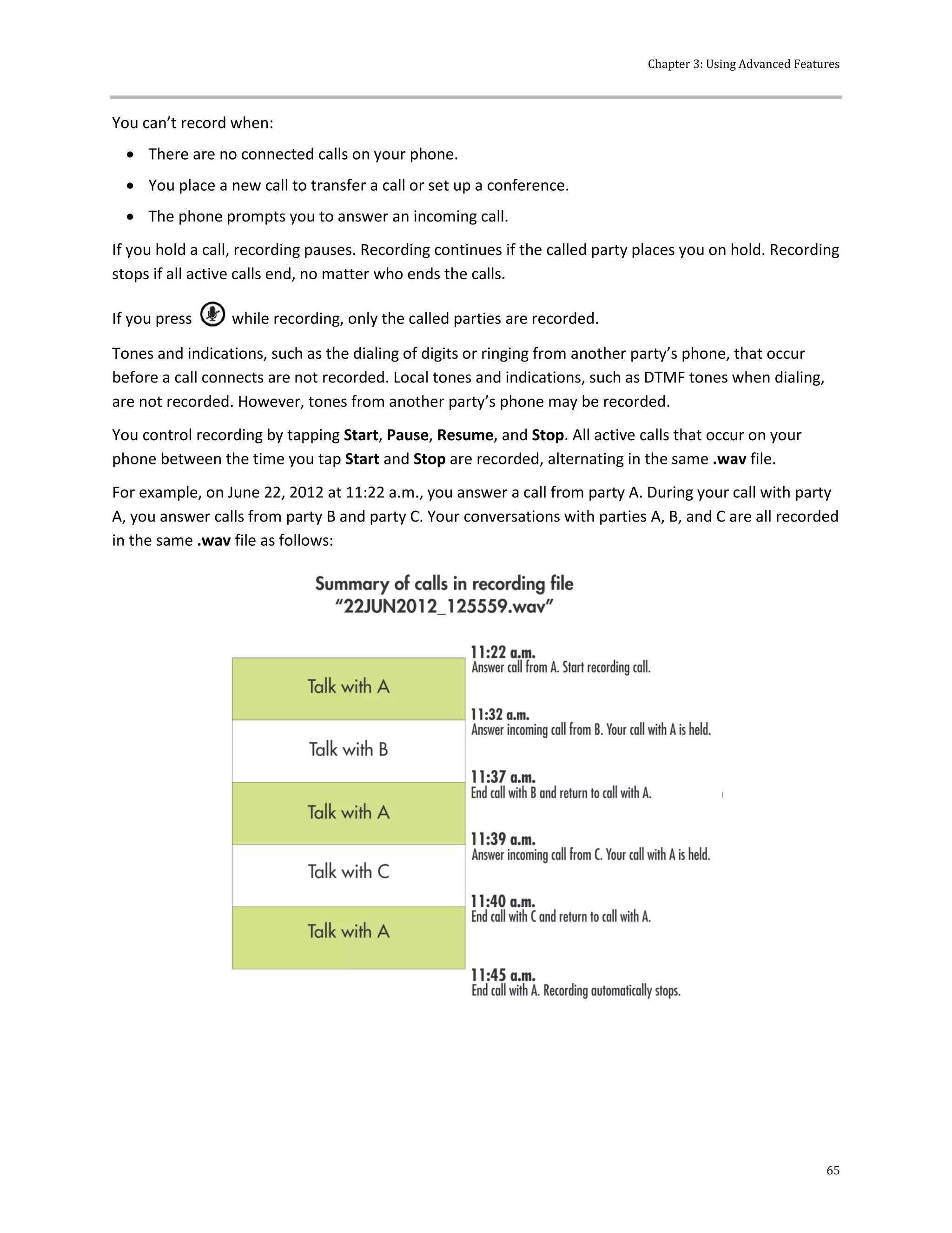 Chapter 3: Using Advanced Features
65
You can’t record when:
 There are no connected calls on your phone.
 You place a new call to transfer a call or set up a conference.
 The phone prompts you to answer an incoming call.
If you hold a call, recording pauses. Recording continues if the called party places you on hold. Recording
stops if all active calls end, no matter who ends the calls.
If you press while recording, only the called parties are recorded.
Tones and indications, such as the dialing of digits or ringing from another party’s phone, that occur
before a call connects are not recorded. Local tones and indications, such as DTMF tones when dialing,
are not recorded. However, tones from another party’s phone may be recorded.
You control recording by tapping Start, Pause, Resume, and Stop. All active calls that occur on your
phone between the time you tap Start and Stop are recorded, alternating in the same .wav file.
For example, on June 22, 2012 at 11:22 a.m., you answer a call from party A. During your call with party
A, you answer calls from party B and party C. Your conversations with parties A, B, and C are all recorded
in the same .wav file as follows:
 