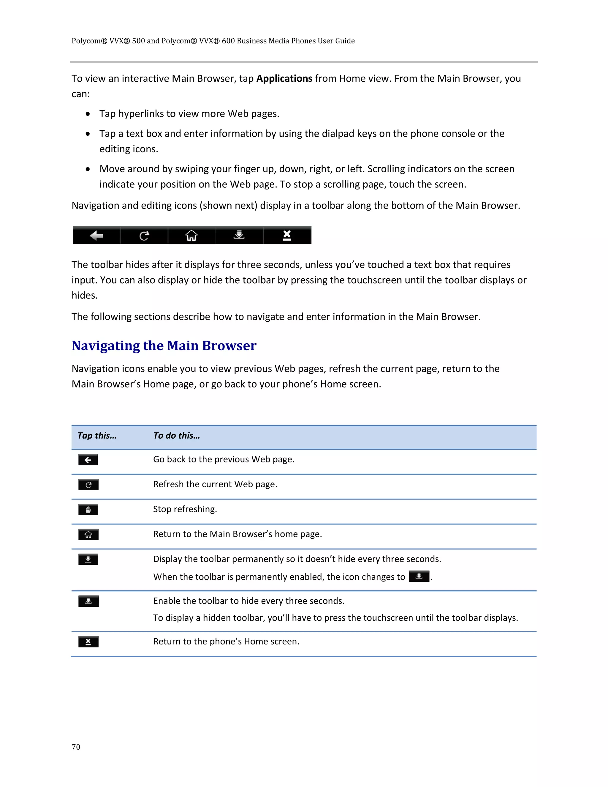 Polycom® VVX® 500 and Polycom® VVX® 600 Business Media Phones User Guide
70
To view an interactive Main Browser, tap Applications from Home view. From the Main Browser, you
can:
 Tap hyperlinks to view more Web pages.
 Tap a text box and enter information by using the dialpad keys on the phone console or the
editing icons.
 Move around by swiping your finger up, down, right, or left. Scrolling indicators on the screen
indicate your position on the Web page. To stop a scrolling page, touch the screen.
Navigation and editing icons (shown next) display in a toolbar along the bottom of the Main Browser.
The toolbar hides after it displays for three seconds, unless you’ve touched a text box that requires
input. You can also display or hide the toolbar by pressing the touchscreen until the toolbar displays or
hides.
The following sections describe how to navigate and enter information in the Main Browser.
Navigating the Main Browser
Navigation icons enable you to view previous Web pages, refresh the current page, return to the
Main Browser’s Home page, or go back to your phone’s Home screen.
Tap this… To do this…
Go back to the previous Web page.
Refresh the current Web page.
Stop refreshing.
Return to the Main Browser’s home page.
Display the toolbar permanently so it doesn’t hide every three seconds.
When the toolbar is permanently enabled, the icon changes to .
Enable the toolbar to hide every three seconds.
To display a hidden toolbar, you’ll have to press the touchscreen until the toolbar displays.
Return to the phone’s Home screen.
 