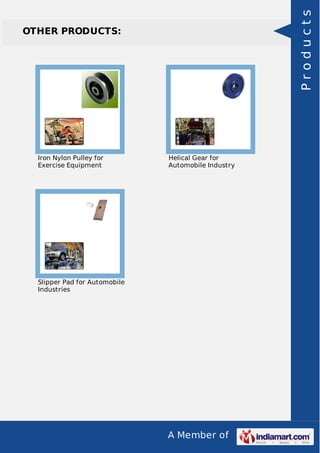 A Member of
OTHER PRODUCTS:
Iron Nylon Pulley for
Exercise Equipment
Helical Gear for
Automobile Industry
Slipper Pad for Automobile
Industries
Products
 