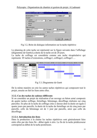 Polycopie : Organisation de chantier et gestion de projet. A.Ladouani
18
Fig 3.2, Boite de dialogue information sur la tache répétitive
Le planning de cette tache est représenté sur la figure suivante dans l’affichage
(diagramme de Gantt).La durée de la tache est de 20 jours.
La tache de coffrage est considérée comme une tache récapitulative qui
représente 05 taches d’exécutions, coffrage1, coffrage2, coffrage3….
Fig 3.3, Diagramme de Gantt
De la même manière on crée les autres taches répétitives qui composent tout le
projet, ensuite on fait les liens entre elles.
3.3.2. Cas des taches de cadence différente
Si on considère un projet de réalisation d’un ouvrage en béton armé composée
de quatre taches coffrage, ferraillage, bétonnage, décoffrage réalisées sur cinq
parcelles. En plus de la tache de coffrage citée ci dessus dont la durée est égale à
quatre jours par parcelle, la durée de la tache du ferraillage est de cinq jours par
parcelle, celle du bétonnage est de 1 jour par parcelle, ainsi que celle du
décoffrage.
3.3.2.1. Introduction des liens
Dans la production à la chaîne les taches répétitives sont généralement liées
entre elles par des liens fin - début égale à zéro. La fin de la tache prédécesseur
correspond au début de la tache postérieure.
 
