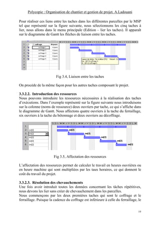 Polycopie : Organisation de chantier et gestion de projet. A.Ladouani
19
Pour réaliser ces liens entre les taches dans les différentes parcelles par le MSP
tel que représenté sur la figure suivante, nous sélectionnons les cinq taches à
lier, nous allons dans le menu principale (Edition – lier les taches). Il apparaît
sur le diagramme de Gantt les flèches de liaison entre les taches.
Fig 3.4, Liaison entre les taches
On procède de la même façon pour les autres taches composant le projet.
3.3.2.2. Introduction des ressources
Nous pouvons introduire les ressources nécessaires à la réalisation des taches
d’exécutions. Dans l’exemple représenté sur la figure suivante nous introduisons
sur la colonne (noms de ressource) deux ouvriers par tache, ce qui s’affiche dans
le diagramme de Gantt. Nous affectons quatre ouvriers à la tache du ferraillage,
six ouvriers à la tache du bétonnage et deux ouvriers au décoffrage.
Fig 3.5, Affectation des ressources
L’affectation des ressources permet de calculer le travail en heures ouvrières ou
en heure machine qui sont multipliées par les taux horaires, ce qui donnent le
coût du travail du projet.
3.3.2.3. Résolution des chevauchements
Une fois avoir introduit toutes les données concernant les tâches répétitives,
nous devons les lier sans créer de chevauchement dans les parcelles.
Nous commençons par les deux premières taches qui sont le coffrage et le
ferraillage. Puisque la cadence du coffrage est inférieure à celle du ferraillage, le
 