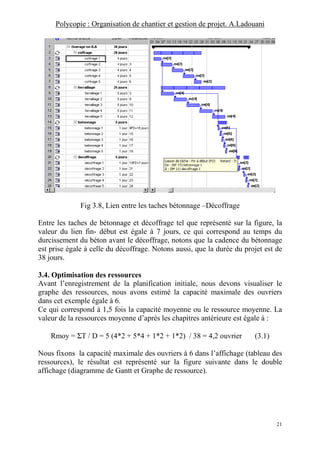 Polycopie : Organisation de chantier et gestion de projet. A.Ladouani
21
Fig 3.8, Lien entre les taches bétonnage –Décoffrage
Entre les taches de bétonnage et décoffrage tel que représenté sur la figure, la
valeur du lien fin- début est égale à 7 jours, ce qui correspond au temps du
durcissement du béton avant le décoffrage, notons que la cadence du bétonnage
est prise égale à celle du décoffrage. Notons aussi, que la durée du projet est de
38 jours.
3.4. Optimisation des ressources
Avant l’enregistrement de la planification initiale, nous devons visualiser le
graphe des ressources, nous avons estimé la capacité maximale des ouvriers
dans cet exemple égale à 6.
Ce qui correspond à 1,5 fois la capacité moyenne ou le ressource moyenne. La
valeur de la ressources moyenne d’après les chapitres antérieure est égale à :
Rmoy = ΣT / D = 5 (4*2 + 5*4 + 1*2 + 1*2) / 38 = 4,2 ouvrier (3.1)
Nous fixons la capacité maximale des ouvriers à 6 dans l’affichage (tableau des
ressources), le résultat est représenté sur la figure suivante dans le double
affichage (diagramme de Gantt et Graphe de ressource).
 