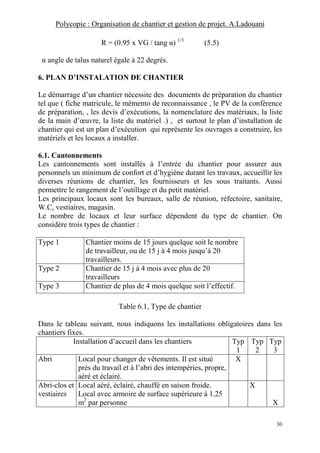 Polycopie : Organisation de chantier et gestion de projet. A.Ladouani
30
R = (0.95 x VG / tang α) 1/3
(5.5)
α angle de talus naturel égale à 22 degrés.
6. PLAN D’INSTALATION DE CHANTIER
Le démarrage d’un chantier nécessite des documents de préparation du chantier
tel que ( fiche matricule, le mémento de reconnaissance , le PV de la conférence
de préparation, , les devis d’exécutions, la nomenclature des matériaux, la liste
de la main d’œuvre, la liste du matériel .) , et surtout le plan d’installation de
chantier qui est un plan d’exécution qui représente les ouvrages a construire, les
matériels et les locaux a installer.
6.1. Cantonnements
Les cantonnements sont installés à l’entrée du chantier pour assurer aux
personnels un minimum de confort et d’hygiène durant les travaux, accueillir les
diverses réunions de chantier, les fournisseurs et les sous traitants. Aussi
permettre le rangement de l’outillage et du petit matériel.
Les principaux locaux sont les bureaux, salle de réunion, réfectoire, sanitaire,
W.C, vestiaires, magasin.
Le nombre de locaux et leur surface dépendent du type de chantier. On
considère trois types de chantier :
Type 1 Chantier moins de 15 jours quelque soit le nombre
de travailleur, ou de 15 j à 4 mois jusqu’à 20
travailleurs.
Type 2 Chantier de 15 j à 4 mois avec plus de 20
travailleurs
Type 3 Chantier de plus de 4 mois quelque soit l’effectif.
Table 6.1, Type de chantier
Dans le tableau suivant, nous indiquons les installations obligatoires dans les
chantiers fixes.
Installation d’accueil dans les chantiers Typ
1
Typ
2
Typ
3
Abri Local pour changer de vêtements. Il est situé
prés du travail et à l’abri des intempéries, propre,
aéré et éclairé.
X
Abri-clos et
vestiaires
Local aéré, éclairé, chauffé en saison froide.
Local avec armoire de surface supérieure à 1.25
m2
par personne
X
X
 
