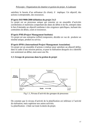 Polycopie : Organisation de chantier et gestion de projet. A.Ladouani
67
satisfaire le besoin d’un utilisateur (le client), il implique: Un objectif, des
actions à entreprendre, des ressources.
D’après ISO 9000:2000 définition du projet 3.4.3
Le projet est un processus unique qui consiste en un ensemble d’activités
coordonnées et maitrisées comportant des dates de début et de fin, entrepris dans
le but d’atteindre un objectif conforme à des exigences spécifiques, incluant des
contraintes de délais, couts et ressources.
D’après PMI (Project Management Institute)
Un projet est une entreprise (effort) temporaire, décidée en vue de produire un
résultat unique, produit ou service.
D’après IPMA (International Project Management Association)
Un projet est un ensemble d’actions à réaliser pour satisfaire un objectif défini,
dans le cadre d’une mission précise, et pour la réalisation desquels on a identifié
non seulement un début, mais aussi une fin.
1.3. Groupe de processus dans la gestion de projet
Fig 1.1, Niveau d’activité des groupes de processus
On constate que le niveau d’activité de la planification est inférieur à l’activité
de réalisation, mais supérieur aux autres activités.
La planification s’étale sur toute la durée du projet.
 