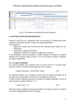 Polycopie : Organisation de chantier et gestion de projet. A.Ladouani
87
Fig 3.5, Présentation du tableau du besoin financier
4. OPTIMISATION DES RESSOURCES
Lorsqu’il existe des sur- utilisations dans les ressources, le planificateur peut
corriger les affectations tenant compte des marges disponibles.
Cela consiste à :
- Déplacer les taches dans la limite de leur contrainte pour réduire les sur-
utilisations.
- Augmenter la capacité maximale
- Augmenter la durée de la tâche, en réduisant sa ressource
Il est préférable avant de procéder à l’audit (lissage) de calculer la capacité
optimale de la ressource dans le projet, si on veut conserver le délai et exploiter
les marges disponibles.
4.1. La capacité optimale
La capacité optimale est le rapport entre le travail total de la ressource dans
toutes les taches et le délai d’intervention de cette ressource.
Capacité moyenne =Travail total / Délai. (4.1)
La capacité optimale sera considérée comme étant la capacité maximale de la
ressource qui est représenté en trait noir sur le graphe de ressource.
L’idéal est que la capacité maximale soit égale à la capacité optimale. Si non on
peut accepter un rapport inférieur à 1.5.
C max/C opt < 1.5 (4.2)
Prenons un autre exemple de lissage représenté sur la figure suivante, il s‘agit de
trois taches indépendantes dotées d’un agent.
 