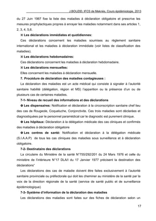 J.BOUZID, IFCS de Meknès, Cours épidémiologie, 2013
17
du 27 Juin 1967 fixe la liste des maladies à déclaration obligatoire et prescrive les
mesures prophylactiques propres à enrayer les maladies notamment dans ses articles 1,
2, 3, 4, 5,6.
 Les déclarations immédiates et quotidiennes:
Ces déclarations concernent les maladies soumises au règlement sanitaire
international et les maladies à déclaration immédiate (voir listes de classification des
maladies).
 Les déclarations hebdomadaires:
Ces déclarations concernent les maladies à déclaration hebdomadaire.
 Les déclarations mensuelles:
Elles concernent les maladies à déclaration mensuelle.
7. Procédure de déclaration des maladies contagieuses :
La déclaration des maladies est un acte médical qui consiste à signaler à l‟autorité
sanitaire habilité (délégation, région et MS) l‟apparition ou la présence d‟un ou de
plusieurs cas de certaines maladies.
7-1- Niveau de recueil des informations et des déclarations
 Les dispensaires: Notification et déclaration à la circonscription sanitaire chef lieu
des cas de Rougeole, Coqueluche, Conjonctivite. Ces trois maladies sont déclarées et
diagnostiquées par le personnel paramédical car le diagnostic est purement clinique.
 Les hôpitaux: Déclaration à la délégation médicale des cas cliniques et confirmés
des maladies à déclaration obligatoire
 Les centres de santé: Notification et déclaration à la délégation médicale
(S.I.A.A.P) de tous les cas cliniques des maladies sous surveillance et à déclaration
obligatoire.
7-2- Destinataire des déclarations
La circulaire du Ministère de la santé N°755/292/201 du 24 Mars 1976 et celle du
ministère de l‟intérieure N°17 DLA/I du 17 Janvier 1977 précisent la destination des
déclarations“
Les déclarations des cas de maladie doivent être faites exclusivement à l‟autorité
sanitaire provinciale ou préfectorale qui doit les cheminer au ministère de la santé par la
voix de la direction régionale de la santé (service de santé public et de surveillance
épidémiologique)
7-3- Système d’information de la déclaration des maladies
Les déclarations des maladies sont faites sur des fiches de déclaration selon un
 