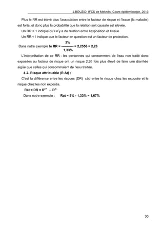 J.BOUZID, IFCS de Meknès, Cours épidémiologie, 2013
30
Plus le RR est élevé plus l‟association entre le facteur de risque et l‟issue (la maladie)
est forte, et donc plus la probabilité que la relation soit causale est élevée.
Un RR = 1 indique qu‟il n‟y a de relation entre l‟exposition et l‟issue
Un RR <1 indique que le facteur en question est un facteur de protection.
3%
Dans notre exemple le RR = ----------- = 2,2556 = 2,26
1,33%
L‟interprétation de ce RR : les personnes qui consomment de l‟eau non traité donc
exposées au facteur de risque ont un risque 2,26 fois plus élevé de faire une diarrhée
aigüe que celles qui consommaient de l‟eau traitée.
4-2- Risque attribuable (R At) :
C‟est la différence entre les risques (DR) càd entre le risque chez les exposée et le
risque chez les non exposés.
Rat = DR = Re+
- Re-.
Dans notre exemple : Rat = 3% - 1,33% = 1,67%
 