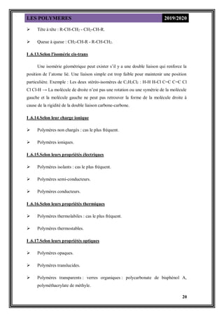 LES POLYMERES 2019/2020
20
 Tête à tête : R-CH-CH2 - CH2-CH-R.
 Queue à queue : CH2-CH-R - R-CH-CH2.
I .6.13.Selon l'isomérie cis-trans
Une isomérie géométrique peut exister s’il y a une double liaison qui renforce la
position de l’atome lié. Une liaison simple est trop faible pour maintenir une position
particulière. Exemple : Les deux stéréo-isomères de C2H2Cl2 : H-H H-Cl C=C C=C Cl
Cl Cl-H → La molécule de droite n’est pas une rotation ou une symétrie de la molécule
gauche et la molécule gauche ne peut pas retrouver la forme de la molécule droite à
cause de la rigidité de la double liaison carbone-carbone.
I .6.14.Selon leur charge ionique
 Polymères non chargés : cas le plus fréquent.
 Polymères ioniques.
I .6.15.Selon leurs propriétés électriques
 Polymères isolants : cas le plus fréquent.
 Polymères semi-conducteurs.
 Polymères conducteurs.
I .6.16.Selon leurs propriétés thermiques
 Polymères thermolabiles : cas le plus fréquent.
 Polymères thermostables.
I .6.17.Selon leurs propriétés optiques
 Polymères opaques.
 Polymères translucides.
 Polymères transparents : verres organiques : polycarbonate de bisphénol A,
polyméthacrylate de méthyle.
 