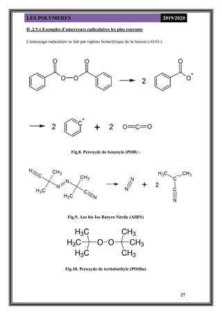 LES POLYMERES 2019/2020
27
II .2.5.1.Exemples d’amorceurs radicalaires les plus courants
L'amorçage radicalaire se fait par rupture homolytique de la liaison (-O-O-).
Fig.8. Peroxyde de benzoyle (POB) :
Fig.9. Azo bis Iso Butyro Nitrile (AIBN)
Fig.10. Peroxyde de tertiobuthyle (POtBu)
 