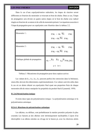 LES POLYMERES 2019/2020
29
Dans le cas d’une copolymérisation radicalaire, les étapes de réaction seront
différentes en fonction du monomère se trouvant en bout de chaîne. Dans ce cas, l’étape
de propagation sera divisée en quatre autres étapes où le bout de chaîne avec radical
réagira en fonction de sa nature et de celle du monomère présent. Les équations associées à
l’étape de propagation pour un copolymère sont illustrées dans le tableau 2.2.
Monomère 1 :
P M1· + M1 −
k
−
→
11 PM1·
P M1· + M2 −
k
−
→
12 PM2·
Monomère 2 :
P M2· + M1 −
k
−
→
21 PM2·
P M2· + M2 −
k
−
→
22 PM2·
Cinétique globale de propagation :
RP =
Σ2 Σ2 kab[
Σ
P Ma·][Mb]
a=1 b=1
Tableau.3. Mécanismes de propagation pour deux espèces actives
Les valeurs de k11, k12, k22, k21 peuvent parfois être retrouvées dans la littérature,
sinon elles doivent être déterminées expérimentalement. Ces valeurs sont très utiles dans
le cas où on désire obtenir un copolymère final ayant une proportion fixée de chaque
monomère afin de mieux manipuler les propriétés du produit final (Cyanamid, 1959).
II .2.6.Polymérisation ionique
Il existe deux types de polymérisation ionique : La polymérisation anionique et la
polymérisation cationique.
II.2.6.1. Réactions de polymérisation cationique
Les alkènes, ou oléfines, sont probablement la matière première polymère la plus
courante. Les liaisons pi des alkènes sont intrinsèquement nucléophiles. L’ajout d’un
électrophile à un alkène entraîne un clivage de la liaison pi, avec les électrons attirés
 