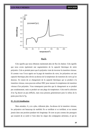 LES POLYMERES 2019/2020
49
-100 -50 0 50 100 150 200
-0,1
0,0
0,1
0,2
0,3
0,4
0,5
0,6
[EtOHMIM
+
][Cl
-
]
DSC/(mW/mg)
temperature/
o
c
exo
Fig.22.
Cela signifie que nous obtenons maintenant plus de flux de chaleur. Cela signifie
que nous avons également une augmentation de la capacité thermique de notre
polymère. Cela se produit parce que le polymère vient de traverser la transition vitreuse.
Et comme vous l’avez appris sur la page de transition du verre, les polymères ont une
capacité thermique plus élevée au-dessus de la température de transition du verre qu’en
dessous. En raison de ce changement de la capacité thermique qui se produit à la
transition vitreuse, nous pouvons utiliser DSC pour mesurer la température de transition
vitreuse d’un polymère. Vous remarquerez peut-être que le changement ne se produit
pas soudainement, mais se produit sur une plage de température. Cela rend la sélection
d’un Tg discret un peu difficile, mais nous prenons généralement juste le milieu de la
pente pour être le Tg.
IV .5.1.2.Cristallisation
Mais attendez, il y en a plus, tellement plus. Au-dessus de la transition vitreuse,
les polymères ont beaucoup de mobilité. Ils se tortillent et se tortillent, et ne restent
jamais dans une position pendant très longtemps. Ils sont un peu comme des passagers
qui essaient de se sentir à l’aise dans les sièges des compagnies aériennes, et qui ne
 