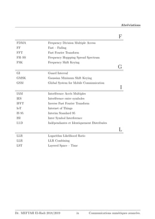 Abréviations
F
FDMA Frequency Division Multiple Access
FF Fast – Fading
FFT Fast Fourier Transform
FH–SS Frequency Hoppping Spread Spectrum
FSK Frequency Shift Keying
G
GI Guard Interval
GMSK Gaussian Minimum Shift Keying
GSM Global System for Mobile Communication
I
IAM Interférence Accés Multiples
IES Interférence entre symboles
IFFT Inverse Fast Fourier Transform
IoT Internet of Things
IS 95 Interim Standard 95
ISI Inter Symbol Interference
I.I.D Indépendantes et Identiquement Distribuées
L
LLR Logarithm Likelihood Ratio
LLR LLR Combining
LST Layered Space – Time
Dr. MEFTAH El-Hadi 2018/2019 ix Communications numériques avancées.
 