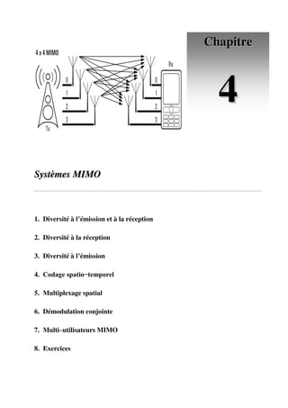 S
Sy
ys
st
tè
èm
me
es
s M
MI
IM
MO
O
1. Diversité à l’émission et à la réception
2. Diversité à la réception
3. Diversité à l’émission
4. Codage spatio−temporel
5. Multiplexage spatial
6. Démodulation conjointe
7. Multi–utilisateurs MIMO
8. Exercices
C
Ch
ha
ap
pi
it
tr
re
e
4
4
 