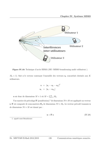 Chapitre IV. Systèmes MIMO
–‹Ž‹•ƒ–‡—”2
–‹Ž‹•ƒ–‡—”1
–‹Ž‹•ƒ–‡—”3
Interférences
inter-utilisateurs
2.7 – Technique d’accès SDMA - beamforming multi-utilisa
Figure IV.10: Technique d’accès SDMA (MU–MIMO beamforming multi–utilisateur ).
Mk × 1). Soit s le vecteur contenant l’ensemble des vecteurs sk concaténés destinés aux K
utilisateurs.
s = [s1 · · · sk · · · sK]T
sk = [s1 · · · sMk
]
s est donc de dimensions M × 1 où M =
PK
k=1 Mk.
Une matrice de précodage F (pondération) 1
de dimensions Nt×M est appliquée au vecteur
s. F est composée de sous-matrices Fk de dimensions Nt × Mk. Le vecteur précodé transmis x
de dimensions Nt × M est donné par :
x = F s (IV.29)
1. appelé aussi Beamformer
Dr. MEFTAH El-Hadi 2018/2019 126 Communications numériques avancées.
 