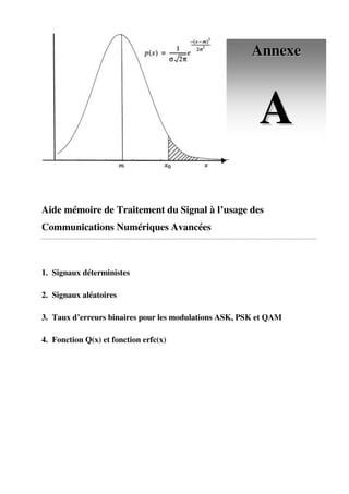 Aide mémoire de Traitement du Signal à l’usage des
Communications Numériques Avancées
1. Signaux déterministes
2. Signaux aléatoires
3. Taux d’erreurs binaires pour les modulations ASK, PSK et QAM
4. Fonction Q(x) et fonction erfc(x)
A
An
nn
ne
ex
xe
e
A
A
 