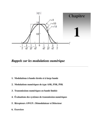 R
Ra
ap
pp
pe
el
ls
s s
su
ur
r l
le
es
s m
mo
od
du
ul
la
at
ti
io
on
ns
s n
nu
um
mé
ér
ri
iq
qu
ue
e
1. Modulations à bande étroite et à large bande
2. Modulations numériques de type ASK, FSK, PSK
3. Transmissions numériques en bande limitée
4. Évaluations des systèmes de transmission numériques
5. Récepteurs AWGN : Démodulateur et Détecteur
6. Exercices
C
Ch
ha
ap
pi
it
tr
re
e
1
1
 