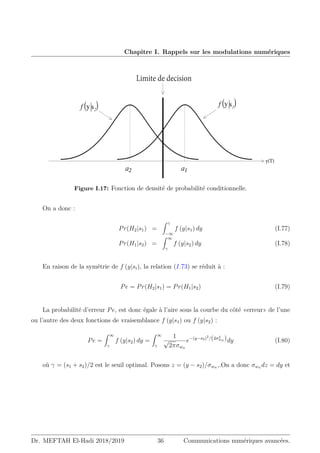 Chapitre I. Rappels sur les modulations numériques
 
Dк
)

V
f(
❒
ϟ͸Ν͹
T
)

V
f(
Dл
-JNJUFEFEFDJTJPO
Figure I.17: Fonction de densité de probabilité conditionnelle.
On a donc :
Pr(H2|s1) =
Z γ
−∞
f (y|s1) dy (I.77)
Pr(H1|s2) =
Z ∞
γ
f (y|s2) dy (I.78)
En raison de la symétrie de f (y|si), la relation (I.73) se réduit à :
Pe = Pr(H2|s1) = Pr(H1|s2) (I.79)
La probabilité d’erreur Pe, est donc égale à l’aire sous la courbe du côté «erreur» de l’une
ou l’autre des deux fonctions de vraisemblance f (y|s1) ou f (y|s2) :
Pe =
Z ∞
γ
f (y|s2) dy =
Z ∞
γ
1
√
2πσwn
e−(y−s2)2
/(2σ2
wn )dy (I.80)
où γ = (s1 + s2)/2 est le seuil optimal. Posons z = (y − s2)/σwn ,.On a donc σwn dz = dy et
Dr. MEFTAH El-Hadi 2018/2019 36 Communications numériques avancées.
 