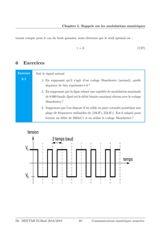 Chapitre I. Rappels sur les modulations numériques
tenant compte pour le cas du bruit gaussien, nous obtenons que le seuil optimal est :
γ = 0 (I.97)
6 Exercices
Exercice
6.1
Soit le signal suivant
1. En supposant qu’il s’agit d’un codage Manchester (normal), quelle
séquence de bits représente-t-il ?
2. En supposant que la ligne admet une rapidité de modulation maximale
de 8 000 bauds. Quel est le débit binaire maximal obtenu avec le codage
Manchester ?
3. Supposons que l’on dispose d’un câble en paire torsadée possédant une
plage de fréquences utilisables de [10kHz, 25kHz]. Est-il adapté pour
fournir un débit de 20kbit/s si on utilise le codage Manchester ?
Dr. MEFTAH El-Hadi 2018/2019 40 Communications numériques avancées.
 