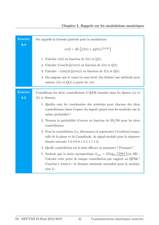 Chapitre I. Rappels sur les modulations numériques
Exercice
6.4
On rappelle la formule générale pour la modulation
m(t) = Re
n
[(I(t) + jQ(t)] e2πjf0t
o
1. Calculer m(t) en fonction de I(t) et Q(t)
2. Calculer 2 cos(2πf0t)m(t) en fonction de I(t) et Q(t)
3. Calculer −2 sin(2πf0t)m(t) en fonction de I(t) et Q(t)
4. On suppose que le canal est sans bruit. En déduire une méthode pour
estimer I(t) et Q(t) à partir de x(t)
Exercice
6.5
Considérons les deux constellations 8 QAM données dans les figures (a) et
(b) ci–dessous.
1. Quelles sont les coordonnées des symboles pour chacune des deux
constellations (dans l’espace du signal) quand tous les symboles ont la
même probabilité ?
2. Trouvez la probabilité d’erreur en fonction de Eb/N0 pour les deux
constellations
3. Pour la constellation (a), déterminez et représentez l’évolution tempo-
relle de la phase et de l’amplitude, de signal modulé pour la séquence
binaire suivante 1 0 0 0 0 1 0 1 1 1 1 0.
4. Quelle constellation est la plus efficace en puissance ? Pourquoi ?
5. Sachant que la perte asymptotique Lasy = 10 log10

d min 1
d min 2

(en dB) .
Calculer cette perte de chaque constellation par rapport au QPSK ?
Conclure.( d min 1= la distance minimale normalisé pour la modula-
tion 1)
Dr. MEFTAH El-Hadi 2018/2019 42 Communications numériques avancées.
 