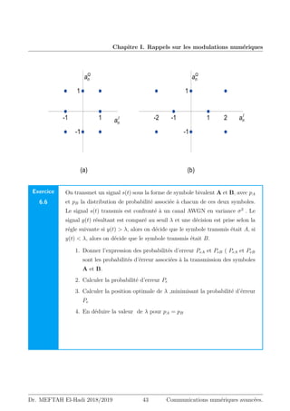 Chapitre I. Rappels sur les modulations numériques
1
-1
-1
-2
1
2
1
-1
-1
1
(a) (b)
an
Q
an
Q
an
I an
I
Exercice
6.6
On transmet un signal s(t) sous la forme de symbole bivalent A et B, avec pA
et pB la distribution de probabilité associée à chacun de ces deux symboles.
Le signal s(t) transmis est confronté à un canal AWGN en variance σ2
. Le
signal y(t) résultant est comparé au seuil λ et une décision est prise selon la
régle suivante si y(t)  λ, alors on décide que le symbole transmis était A, si
y(t)  λ, alors on décide que le symbole transmis était B.
1. Donner l’expression des probabilités d’erreur PeA et PeB ( PeA et PeB
sont les probabilités d’érreur associées à la transmission des symboles
A et B.
2. Calculer la probabilité d’erreur Pe
3. Calculer la position optimale de λ ,minimisant la probabilité d’érreur
Pe
4. En déduire la valeur de λ pour pA = pB
Dr. MEFTAH El-Hadi 2018/2019 43 Communications numériques avancées.
 