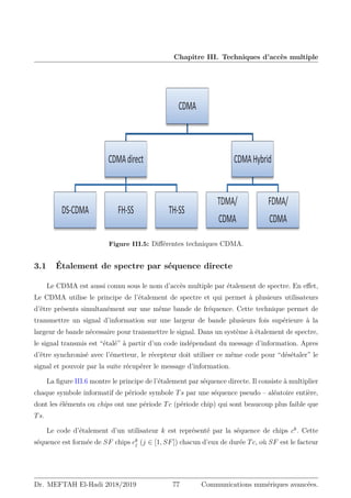 Chapitre III. Techniques d’accès multiple
ܶ‫ݏ‬
ܶܿ
ܶ‫ݏ‬Ǥ
݇
‫ܥ‬݇
‫ܥ‬݆
݇
݆ ‫א‬ ሾͳǡܵ‫ܨ‬ሿ ܶܿ
‫ܤ‬‫ݎ݌ݏ‬ ͳ ܶܿ
Τ ܶ‫ݏ‬
CDMA
CDMAdirect
DS-CDMA FH-SS TH-SS
CDMAHybrid
TDMA/
CDMA
FDMA/
CDMA
Figure III.5: Différentes techniques CDMA.
3.1 Étalement de spectre par séquence directe
Le CDMA est aussi connu sous le nom d’accès multiple par étalement de spectre. En effet,
Le CDMA utilise le principe de l’étalement de spectre et qui permet à plusieurs utilisateurs
d’être présents simultanément sur une même bande de fréquence. Cette technique permet de
transmettre un signal d’information sur une largeur de bande plusieurs fois supérieure à la
largeur de bande nécessaire pour transmettre le signal. Dans un système à étalement de spectre,
le signal transmis est “étalé” à partir d’un code indépendant du message d’information. Apres
d’être synchronisé avec l’émetteur, le récepteur doit utiliser ce même code pour “désétaler” le
signal et pouvoir par la suite récupérer le message d’information.
La figure III.6 montre le principe de l’étalement par séquence directe. Il consiste à multiplier
chaque symbole informatif de période symbole Ts par une séquence pseudo – aléatoire entière,
dont les éléments ou chips ont une période Tc (période chip) qui sont beaucoup plus faible que
Ts.
Le code d’étalement d’un utilisateur k est représenté par la séquence de chips ck
. Cette
séquence est formée de SF chips ck
j (j ∈ [1, SF]) chacun d’eux de durée Tc, où SF est le facteur
Dr. MEFTAH El-Hadi 2018/2019 77 Communications numériques avancées.
 