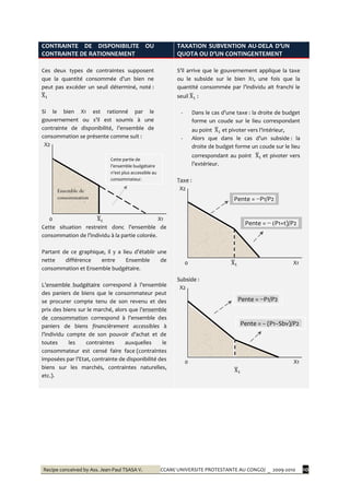 Recipe conceived by Ass. Jean-Paul TSASA V. CCAM/ UNIVERSITE PROTESTANTE AU CONGO/ _ 2009-2010 10
CONTRAINTE DE DISPONIBILITE OU
CONTRAINTE DE RATIONNEMENT
TAXATION SUBVENTION AU-DELA D’UN
QUOTA OU D’UN CONTINGENTEMENT
Ces deux types de contraintes supposent
que la quantité consommée d’un bien ne
peut pas excéder un seuil déterminé, noté :
Si le bien X1 est rationné par le
gouvernement ou s’il est soumis { une
contrainte de disponibilité, l’ensemble de
consommation se présente comme suit :
X2
0 X1
Cette situation restreint donc l’ensemble de
consommation de l’individu à la partie colorée.
Partant de ce graphique, il y a lieu d’établir une
nette différence entre Ensemble de
consommation et Ensemble budgétaire.
L’ensemble budgétaire correspond à l’ensemble
des paniers de biens que le consommateur peut
se procurer compte tenu de son revenu et des
prix des biens sur le marché, alors que l’ensemble
de consommation correspond { l’ensemble des
paniers de biens financièrement accessibles à
l’individu compte de son pouvoir d’achat et de
toutes les contraintes auxquelles le
consommateur est censé faire face (contraintes
imposées par l’Etat, contrainte de disponibilité des
biens sur les marchés, contraintes naturelles,
etc.).
S’il arrive que le gouvernement applique la taxe
ou le subside sur le bien X1, une fois que la
quantité consommée par l’individu ait franchi le
seuil :
- Dans le cas d’une taxe : la droite de budget
forme un coude sur le lieu correspondant
au point et pivoter vers l’intérieur,
- Alors que dans le cas d’un subside : la
droite de budget forme un coude sur le lieu
correspondant au point et pivoter vers
l’extérieur.
Taxe :
X2
0 X1
Subside :
X2
0 X1
Ensemble de
consommation
Cette partie de
l’ensemble budgétaire
n’est plus accessible au
consommateur.
Pente = −P1/P2
Pente = − (P1+t)/P2
Pente = −P1/P2
Pente = − (P1−Sbv)/P2
 