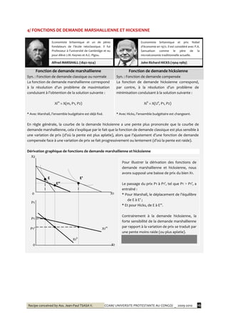Recipe conceived by Ass. Jean-Paul TSASA V. CCAM/ UNIVERSITE PROTESTANTE AU CONGO/ _ 2009-2010 16
4/ FONCTIONS DE DEMANDE MARSHALLIENNE ET HICKSIENNE
Fonction de demande marshallienne
Syn. : Fonction de demande classique ou normale
Fonction de demande hicksienne
Syn. : Fonction de demande compensée
La fonction de demande marshallienne correspond
{ la résolution d’un problème de maximisation
conduisant à l’obtention de la solution suivante :
Xim
= X(m, P1, P2)
* Avec Marshall, l’ensemble budgétaire est déj{ fixé.
La fonction de demande hicksienne correspond,
par contre, à la résolution d’un problème de
minimisation conduisant à la solution suivante :
Xih
= X(U°, P1, P2)
* Avec Hicks, l’ensemble budgétaire est changeant.
En règle générale, la courbe de la demande hicksienne a une pente plus prononcée que la courbe de
demande marshallienne, cela s’explique par le fait que la fonction de demande classique est plus sensible à
une variation de prix (d’où la pente est plus aplatie), alors que l’ajustement d’une fonction de demande
compensée face { une variation de prix se fait progressivement ou lentement (d’où la pente est raide).
Dérivation graphique de fonctions de demande marshallienne et hicksienne
X2
E E’
E’’
0 X1
P1
P1
P1’ X1m
X1h
0 X1
Economiste britannique et un de pères
fondateurs de l’école néoclassique. Il fut
Professeur { l’université de Cambridge et eu
pour élève J.M. Keynes et A.C. Pigou.
Alfred MARSHALL (1842-1924)
Economiste britannique et prix Nobel
d’économie en 1972. Il est considéré avec P.A.
Samuelson comme le père de la
microéconomie traditionnelle actuelle.
John Richard HICKS (1904-1989)
Pour illustrer la dérivation des fonctions de
demande marshallienne et hicksienne, nous
avons supposé une baisse de prix du bien X1.
Le passage du prix P1 { P1’, tel que P1 > P1’, a
entraîné :
* Pour Marshall, le déplacement de l’équilibre
de E { E’ ;
* Et pour Hicks, de E { E’’.
Contrairement à la demande hicksienne, la
forte sensibilité de la demande marshallienne
par rapport à la variation de prix se traduit par
une pente moins raide (ou plus aplatie).
 
