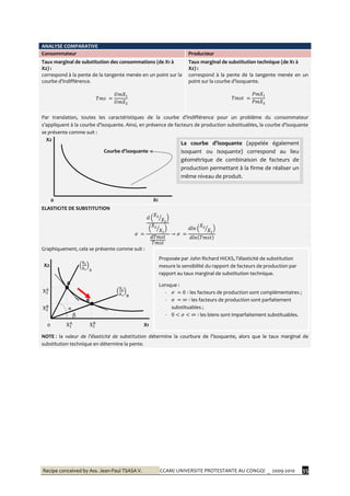 Recipe conceived by Ass. Jean-Paul TSASA V. CCAM/ UNIVERSITE PROTESTANTE AU CONGO/ _ 2009-2010 35
ANALYSE COMPARATIVE
Consommateur Producteur
Taux marginal de substitution des consommations (de X1 à
X2) :
correspond à la pente de la tangente menée en un point sur la
courbe d’indifférence.
Taux marginal de substitution technique (de X1 à
X2) :
correspond à la pente de la tangente menée en un
point sur la courbe d’isoquante.
Par translation, toutes les caractéristiques de la courbe d’indifférence pour un problème du consommateur
s’appliquent { la courbe d’isoquante. Ainsi, en présence de facteurs de production substituables, la courbe d’isoquante
se présente comme suit :
X2
0 X1
ELASTICITE DE SUBSTITUTION
Graphiquement, cela se présente comme suit :
X2
A
B
α
β
0 X1
NOTE : la valeur de l’élasticité de substitution détermine la courbure de l’isoquante, alors que le taux marginal de
substitution technique en détermine la pente.
La courbe d’isoquante (appelée également
Isoquant ou Isoquante) correspond au lieu
géométrique de combinaison de facteurs de
production permettant à la firme de réaliser un
même niveau de produit.
Courbe d’isoquante
Proposée par John Richard HICKS, l’élasticité de substitution
mesure la sensibilité du rapport de facteurs de production par
rapport au taux marginal de substitution technique.
Lorsque :
- les facteurs de production sont complémentaires ;
- les facteurs de production sont parfaitement
substituables ;
- les biens sont imparfaitement substituables.
 