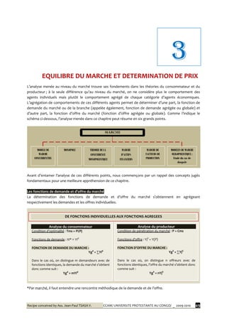 Recipe conceived by Ass. Jean-Paul TSASA V. CCAM/ UNIVERSITE PROTESTANTE AU CONGO/ _ 2009-2010 49
L’analyse menée au niveau du marché trouve ses fondements dans les théories du consommateur et du
producteur ; { la seule différence qu’au niveau du marché, on ne considère plus le comportement des
agents individuels mais plutôt le comportement agrégé de chaque catégorie d’agents économiques.
L’agrégation de comportements de ces différents agents permet de déterminer d’une part, la fonction de
demande du marché ou de la branche (appelée également, fonction de demande agrégée ou globale) et
d’autre part, la fonction d’offre du marché (fonction d’offre agrégée ou globale). Comme l’indique le
schéma ci-dessous, l’analyse menée dans ce chapitre peut résume en six grands points.
Avant d’entamer l’analyse de ces différents points, nous commençons par un rappel des concepts jugés
fondamentaux pour une meilleure appréhension de ce chapitre.
Les fonctions de demande et d’offre du marché
La détermination des fonctions de demande et d’offre du marché s’obtiennent en agrégeant
respectivement les demandes et les offres individuelles.
*Par marché, il faut entendre une rencontre méthodique de la demande et de l’offre.
3
EQUILIBRE DU MARCHE ET DETERMINATION DE PRIX
MARCHE
MODELE DE
MARCHE
CONCURRENTIEL
MONOPOLE MODELES DE MARCHE
OLIGOPOLISTIQUE :
Etude du cas de
duopole
MARCHE DE
FACTEURS DE
PRODUCTION
MARCHE
D’ACTIFS
FINANCIERS
THEORIE DE LA
CONCURRENCE
MONOPOLISTIQUE
DE FONCTIONS INDIVIDUELLES AUX FONCTIONS AGREGEES
Analyse du consommateur
Condition d’optimalité : Tms = Pi/Pj
Fonctions de demande : Xi* ≡ Yid
FONCTION DE DEMANDE DU MARCHE :
Ygd
= ∑Yid
Dans le cas où, on distingue m demandeurs avec de
fonctions identiques, la demande du marché s’obtient
donc comme suit :
Ygd
= mYid
Analyse du producteur
Condition de pénétration du marché : P = Cms
Fonctions d’offre : YjS
= Y(P)
FONCTION D’OFFRE DU MARCHE :
YgS
= ∑YjS
Dans le cas où, on distingue n offreurs avec de
fonctions identiques, l’offre du marché s’obtient donc
comme suit :
YgS
= nYjS
 