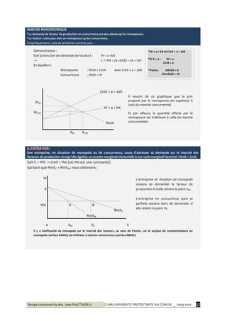 Recipe conceived by Ass. Jean-Paul TSASA V. CCAM/ UNIVERSITE PROTESTANTE AU CONGO/ _ 2009-2010 57
MARCHE MONOPSONIQUE
*La demande de facteur de production en concurrence est plus élevée qu’en monopsone ;
*Le facteur coûte plus cher en monopsone qu’en concurrence.
Graphiquement, cela se présente comme suit :
CmX = a + 2bX
WM
W = a + bX
WCPP
RmX
XM XCPP
ILLUSTRATION :
Une entreprise, en situation de monopole ou de concurrence, cesse d’adresser sa demande sur le marché des
facteurs de production lorsqu’elle égalise sa recette marginale factorielle { son coût marginal factoriel : RmX = CmX.
Soit C = WX → CmX = We (où We est une constante)
Sachant que RmXC > RmXM; nous obtenons :
W
K
We A B
RmXC
RmXM
0 XM XC X
Il ressort de ce graphique que le prix
proposé par le monopsone est supérieur à
celui du marché concurrentiel.
Et par ailleurs, la quantité offerte par le
monopsone est inférieure à celle du marché
concurrentiel.
Démonstration :
Soit la fonction de demande de facteurs : W = a +bX
→ C ≡ WX = (a +bX)X = aX + bX²
En équilibre :
Monopsone : RmX = CmX avec CmX = a + 2bX
Concurrence : RmX = W
*W = a + bX et CmX = a + 2bX
*Si X = 0 : W = a
CmX = a
*Pente : dW/dX = b
dCmX/dX = 2b
L’entreprise en situation de monopole
cessera de demander le facteur de
production X si elle atteint le point XM.
L‘entreprise en concurrence pure et
parfaite cessera donc de demander si
elle atteint le point Xc.
Il y a inefficacité du monopole sur le marché des facteurs, au sens de Pareto, car le surplus de consommateurs en
monopole (surface KAWe) est inférieur à celui en concurrence (surface KBWe).
 
