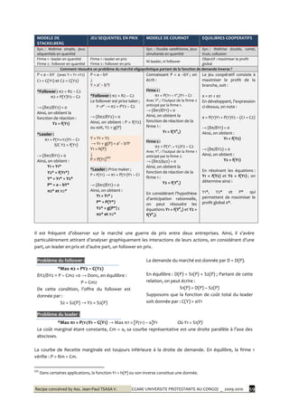 Recipe conceived by Ass. Jean-Paul TSASA V. CCAM/ UNIVERSITE PROTESTANTE AU CONGO/ _ 2009-2010 59
MODELE DE
STACKELBERG
JEU SEQUENTIEL EN PRIX MODELE DE COURNOT EQUILIBRES COOPERATIFS
Syn. : Maîtrise simple, jeux
séquentiels en quantité
Syn. : Double satellitisme, jeux
simultanés en quantité
Syn. : Maîtrise double, cartel,
trust, collusion
Firme 1 : leader en quantité
Firme 2 : follower en quantité
Firme 1 : leader en prix
Firme 2 : follower en prix
Ni leader, ni follower
Objectif : maximiser le profit
global
Comment résoudre un problème du marché oligopolistique partant de la fonction de demande inverse ?
P = a – bY (avec Y = Y1 +Y2)
C1 = C(Y1) et C2 = C(Y2)
*Follower : π2 = R2 – C2
π2 = P(Y)Y2 – C2
→ (δπ2/δY2) = 0
Ainsi, on obtient la
fonction de réaction :
Y2 = f(Y1)
*Leader :
π1 = P(Y1+Y2)Y1 – C1
S/C Y2 = f(Y1)
→ (δπ1/δY1) = 0
Ainsi, on obtient :
Y1 = Y1*
Y2* = f(Y1*)
Y* = Y1* + Y2*
P* = a – bY*
π2* et π2*
P = a – bY
↓
Y = a’ – b’Y
*Follower : π2 = R2 – C2
Le follower est price taker ;
P =P° → π2 = PY2 – C2
→ (δπ2/δY2) = 0
Ainsi, on obtient : P = f(Y2)
ou soit, Y2 = g(P)
Y = Y1 + Y2
→ Y1 + g(P) = a’ – b’P
Y1 = h(P)
↓
P = P(Y1)††††
*Leader : Price maker ;
P = P(Y1) → π1 = P(Y1)Y1 – C1
→ (δπ1/δY1) = 0
Ainsi, on obtient :
Y1 = Y1* ;
P* = P(Y*)
Y2* = g(P*) ;
π2* et π2*
Connaissant P = a –bY ; on
écrit :
Firme 1 :
π1 = P(Y1 + Ye
2)Y1 – C1
Avec Ye
2 : l’output de la firme 2
anticipé par la firme 1.
→ (δπ1/δY1) = 0
Ainsi, on obtient la
fonction de réaction de la
firme 1 :
Y1 = f(Ye
2)
Firme 2 :
π2 = P(Ye
1 + Y2)Y2 – C2
Avec Ye
1 : l’output de la firme 1
anticipé par la firme 2.
→ (δπ2/Δy2) = 0
Ainsi, on obtient la
fonction de réaction de la
firme 1 :
Y2 = f(Ye
1)
En considérant l’hypothèse
d’anticipation rationnelle,
on peut résoudre les
équations Y1 = f(Ye
2) et Y2 =
f(Ye
1).
Le jeu coopératif consiste à
maximiser le profit de la
branche, soit :
π = π1 + π2
En développant, l’expression
ci-dessus, on note :
π = P(Y)Y1 + P(Y)Y2 – (C1 + C2)
→ (δπ/δY1) = 0
Ainsi, on obtient :
Y1 = f(Y2)
→ (δπ/δY2) = 0
Ainsi, on obtient :
Y2 = f(Y1)
En résolvant les équations :
Y1 = f(Y2) et Y2 = f(Y1) ; on
détermine ainsi :
Y1*, Y2* et P* qui
permettent de maximiser le
profit global π*.
Il est fréquent d’observer sur le marché une guerre de prix entre deux entreprises. Ainsi, il s’avère
particulièrement attirant d’analyser graphiquement les interactions de leurs actions, en considérant d’une
part, un leader en prix et d’autre part, un follower en prix.
Problème du follower :
*Max π2 = PY2 – C(Y2)
δY2/δY2 ≡ P – Cm2 =0 → Donc, en équilibre :
P = Cm2
De cette condition, l’offre du follower est
donnée par :
S2 = S2(P) → Y2 = S2(P)
La demande du marché est donnée par D = D(P).
En équilibre : D(P) = S1(P) + S2(P) ; Partant de cette
relation, on peut écrire :
S1(P) = D(P) – S2(P)
Supposons que la fonction de coût total du leader
soit donnée par : C(Y) = αY1
Problème du leader :
*Max π1 = P(Y1)Y1 – C(Y1) → Max π1 = [P(Y1) – α]Y1 Où Y1 = S1(P)
Le coût marginal étant constante, Cm = α, sa courbe représentative est une droite parallèle { l’axe des
abscisses.
La courbe de Recette marginale est toujours inférieure à la droite de demande. En équilibre, la firme 1
vérifie : P > Rm = Cm.
††††
Dans certaines applications, la fonction Y1 = h(P) ou son inverse constitue une donnée.
 