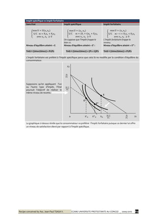 Recipe conceived by Ass. Jean-Paul TSASA V. CCAM/ UNIVERSITE PROTESTANTE AU CONGO/ _ 2009-2010 69
Impôt spécifique vs Impôt forfaitaire
Sans Etat Impôt spécifique Impôt forfaitaire
Niveau d’équilibre atteint = E
TmS ≡ (Umx1/Umx2) = P1/P2
On suppose que l’impôt frappe le
bien x1.
Niveau d’équilibre atteint = E' :
TmS ≡ (Umx1/Umx2) = (P1 + t)/P2
L’impôt forfaitaire frappe le
revenu.
Niveau d’équilibre atteint = E'' :
TmS ≡ (Umx1/Umx2) = P1/P2
L’impôt forfaitaire est préféré { l’impôt spécifique parce que celui l{ ne modifie par la condition d’équilibre du
consommateur.
Supposons qu’en appliquant l’un
ou l’autre type d’impôt, l’Etat
poursuit l’objectif de réaliser le
même niveau de recette.
X2
E
E'
E''
0 X'1E X''1E X1E X1
Le graphique ci-dessus révèle que le consommateur va préférer l’impôt forfaitaire puisque ce dernier lui offre
un niveau de satisfaction élevé par rapport { l’impôt spécifique.
 