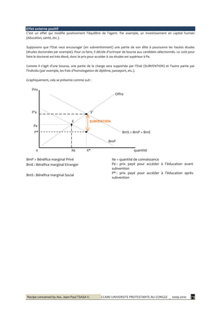 Recipe conceived by Ass. Jean-Paul TSASA V. CCAM/ UNIVERSITE PROTESTANTE AU CONGO/ _ 2009-2010 73
Effet externe positif
C’est un effet qui modifie positivement l’équilibre de l’agent. Par exemple, un investissement en capital humain
(éducation, santé, etc.).
Supposons que l’Etat veut encourager (en subventionnant) une partie de son élite { poursuivre les hautes études
(études doctorales par exemple). Pour ce faire, Il décide d’octroyer de bourse aux candidats sélectionnés. Le coût pour
faire le doctorat est très élevé, donc le prix pour accéder à ces études est supérieur à Pe.
Comme il s’agit d’une bourse, une partie de la charge sera supportée par l’Etat (SUBVENTION) et l’autre partie par
l’individu (par exemple, les frais d’homologation de diplôme, passeport, etc.).
Graphiquement, cela se présente comme suit :
Prix
Offre
P’e E’
E SUBVENTION
Pe
P* BmS = BmP + BmE
BmP
0 Xe X* quantité
BmP = Bénéfice marginal Privé
BmE : Bénéfice marginal Etranger
BmS : Bénéfice marginal Social
Xe = quantité de connaissance
Pe : prix payé pour accéder { l’éducation avant
subvention
P* : prix payé pour accéder { l’éducation après
subvention
 