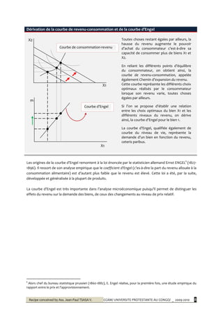 Recipe conceived by Ass. Jean-Paul TSASA V. CCAM/ UNIVERSITE PROTESTANTE AU CONGO/ _ 2009-2010 8
Dérivation de la courbe de revenu-consommation et de la courbe d’Engel
X2
X1
m
X1
Toutes choses restant égales par ailleurs, la
hausse du revenu augmente le pouvoir
d’achat du consommateur c’est-à-dire sa
capacité de consommer plus de biens X1 et
X2.
En reliant les différents points d’équilibre
du consommateur, on obtient ainsi, la
courbe de revenu-consommation, appelée
également Chemin d’expansion du revenu.
Cette courbe représente les différents choix
optimaux réalisés par le consommateur
lorsque son revenu varie, toutes choses
égales par ailleurs.
Si l’on se propose d’établir une relation
entre les choix optimaux du bien X1 et les
différents niveaux du revenu, on dérive
ainsi, la courbe d’Engel pour le bien 1.
La courbe d’Engel, qualifiée également de
courbe du niveau de vie, représente la
demande d’un bien en fonction du revenu,
ceteris paribus.
Les origines de la courbe d’Engel remontent à la loi énoncée par le statisticien allemand Ernst ENGEL‡
(1827-
1896). Il ressort de son analyse empirique que le coefficient d’Engel (c’es-à-dire la part du revenu allouée à la
consommation alimentaire) est d’autant plus faible que le revenu est élevé. Cette loi a été, par la suite,
développée et généralisée à la plupart de produits.
La courbe d’Engel est très importante dans l’analyse microéconomique puisqu’il permet de distinguer les
effets du revenu sur la demande des biens, de ceux des changements au niveau de prix relatif.
‡
Alors chef du bureau statistique prussien (1860-1882), E. Engel réalise, pour la première fois, une étude empirique du
rapport entre le prix et l’approvisionnement.
Courbe d’Engel
Courbe de consommation-revenu
 