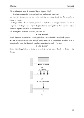 Chapitre I Généralité
19
Où w : charge par unité de longueur (charge linéaire) [N/m]
W : charge totale uniformément répartie sur une longueur « x », [m].
Un bloc de béton appuyé sur une poutre peut être une charge distribuée. Par exemple, la
charge ci-contre.
La charge totale « W » a comme grandeur, le produit de sa charge linéaire « w » par la
longueur de sa charge « x ». Le point d’application de la charge totale W est toujours situé au
centre de la partie conservée de la distribution.
Ici, la charge est prise dans sa totalité, sa valeur est:
50*3 150
W N
= =
Et elle est située au centre de la charge considérée, c’est-à-dire à 1,5 m du bord, figure c.
Si on effectuait une coupe dans les trois premiers mètres, la grandeur de la charge serait le
produit de la charge linéaire par la grandeur choisie (par exemple à 2 m) donc
50*2 100
W N
= =
Et son point d’application au centre de la partie conservée, c’est-à-dire à 1 m du bord cette
fois-ci.
 