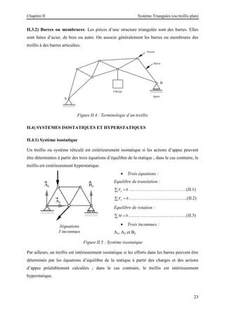 Chapitre II Système Triangules (ou treillis plan)
23
II.3.2) Barres ou membrures: Les pièces d’une structure triangulée sont des barres. Elles
sont faites d’acier, de bois ou autre. On associe généralement les barres ou membrures des
treillis à des barres articulées.
Figure II.4 : Terminologie d’un treillis
II.4) SYSTEMES ISOSTATIQUES ET HYPERSTATIQUES
II.4.1) Système isostatique
Un treillis ou système réticulé est extérieurement isostatique si les actions d’appui peuvent
être déterminées à partir des trois équations d’équilibre de la statique ; dans le cas contraire, le
treillis est extérieurement hyperstatique.
3équations
3 inconnues
• Trois équations :
Equilibre de translation :
0
x
F =
∑ ………………………………..(II.1)
0
y
F =
∑ ………………………….……..(II.2)
Equilibre de rotation :
0
M =
∑ …………….…………………..(II.3)
• Trois inconnues :
Ax, Ay et By
Figure II.5 : Système isostatique
Par ailleurs, un treillis est intérieurement isostatique si les efforts dans les barres peuvent être
déterminés par les équations d’équilibre de la statique à partir des charges et des actions
d’appui préalablement calculées ; dans le cas contraire, le treillis est intérieurement
hyperstatique.
 
