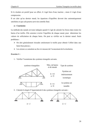 Chapitre II Système Triangules (ou treillis plan)
28
Si le résultat est positif pour un effort, il s’agit bien d’une traction ; sinon il s’agit d’une
compression.
Il est clair qu’au dernier nœud, les équations d’équilibre devront être automatiquement
satisfaites et que cela pourra servir de contrôle final.
c) Conclusion
La méthode des nœuds est toute indiquée quand il s’agit de calculer les forces dans toutes les
barres d’un treillis. Elle consiste à écrire l’équilibre de chaque nœud, pour déterminer les
valeurs de sollicitation de chaque barre. On peut se vérifier sur le dernier nœud. Seuls
problèmes :
 On doit généralement résoudre entièrement le treillis pour obtenir l’effort dans une
barre bien précise ;
 Les erreurs se cumulent au fur et à mesure de l’avancement de la résolution.
Exercice 1 :
1- Vérifier l’isostatisme des systèmes triangulés suivants.
2- Calculer le degré d’ hyperstaticité h des systèmes triangulés suivants :
h =1 h =1
systèmes triangulées Nbrs. de barres
et de nœuds
Type de système
b =15
n =9
Système est
intérieurement
isostatique
b =11
n =8
le système est
instable
 