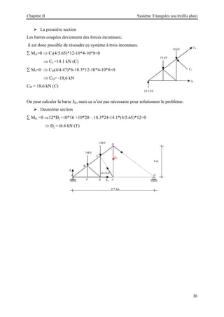 Chapitre II Système Triangules (ou treillis plan)
36
 La première section
Les barres coupées deviennent des forces inconnues;
il est donc possible de résoudre ce système à trois inconnues.
∑ MA=0 ⇒ CJ(4/5.65)*12-10*4-10*8=0
⇒ CJ =14.1 kN (C)
∑ MJ=0 ⇒ CD(4/4.47)*6-18.3*12-10*4-10*8=0
⇒ CD= -18,6 kN
CD = 18,6 kN (C)
On peut calculer la barre JK, mais ce n’est pas nécessaire pour solutionner le problème.
 Deuxième section
∑ MG =0 ⇒12*Dj +10*16 +10*20 – 18.3*24-14.1*(4/5.65)*12=0
⇒ Dj =16.6 kN (T)
JK
18.3 kN
10 kN
10 kN
CD
CJ
Ay
G
6 m
J
K
L
A
B
C
D
6 * 4m
10kN
10kN
DJ
14.1 kN
KJ
 