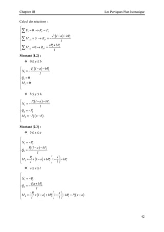 Chapitre III Les Portiques Plan Isostatique
42
Calcul des réactions :
( )
( )
( )
2
1 2
1
4
1 2
2
1
0
0
0
x x
y
y
F R P
P l a bP
M R
l
aP bP
M R
l

= → =


− −

= → = −


+

= → =


∑
∑
∑
Montant [1.2] :
 0 y b
≤ ≤
( )
1 2
1
1
1
0
0
P l a bP
N
l
Q
M
− −

= −



=

 =



 b y h
≤ ≤
( )
( )
1 2
2
2 2
2 2
P l a bP
N
l
Q P
M P x b
− −

= −



= −

 = − −



Montant [2.3] :
 0 x a
≤ ≤
( )
( )
3 2
1 2
3
1
3 2 2
1
N P
P l a bP
Q
l
P x
M x l a bP hP
l l

 = −

− −

=


  
= − + − −
 

 

 a x l
≤ ≤
( ) ( )
4 2
1 2
4
1
4 2 2 1
1
N P
Pa bP
Q
l
P x
M x l a bP hP P x a
l l

 = −

+

= −


 −  
= − + − − − −
 

 

 