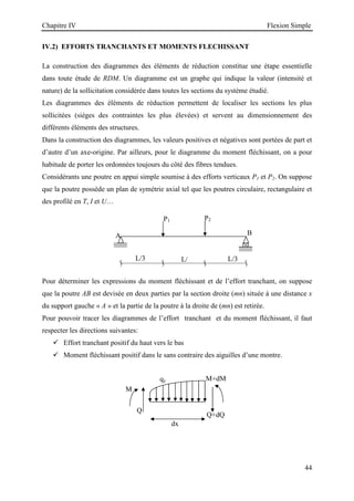 Chapitre IV Flexion Simple
44
P2
L/3
A
L/
B
L/3
P1
dx
Q+dQ
Q
M
qy M+dM
IV.2) EFFORTS TRANCHANTS ET MOMENTS FLECHISSANT
La construction des diagrammes des éléments de réduction constitue une étape essentielle
dans toute étude de RDM. Un diagramme est un graphe qui indique la valeur (intensité et
nature) de la sollicitation considérée dans toutes les sections du système étudié.
Les diagrammes des éléments de réduction permettent de localiser les sections les plus
sollicitées (sièges des contraintes les plus élevées) et servent au dimensionnement des
différents éléments des structures.
Dans la construction des diagrammes, les valeurs positives et négatives sont portées de part et
d’autre d’un axe-origine. Par ailleurs, pour le diagramme du moment fléchissant, on a pour
habitude de porter les ordonnées toujours du côté des fibres tendues.
Considérants une poutre en appui simple soumise à des efforts verticaux P1 et P2. On suppose
que la poutre possède un plan de symétrie axial tel que les poutres circulaire, rectangulaire et
des profilé en T, I et U…
Pour déterminer les expressions du moment fléchissant et de l’effort tranchant, on suppose
que la poutre AB est devisée en deux parties par la section droite (mn) située à une distance x
du support gauche « A » et la partie de la poutre à la droite de (mn) est retirée.
Pour pouvoir tracer les diagrammes de l’effort tranchant et du moment fléchissant, il faut
respecter les directions suivantes:
 Effort tranchant positif du haut vers le bas
 Moment fléchissant positif dans le sans contraire des aiguilles d’une montre.
 