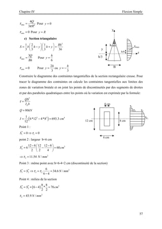 Chapitre IV Flexion Simple
57
max 4
4
3
Q
R
τ
π
= Pour 0
y =
min 0
τ = Pour y R
=
c) Section triangulaire
3
1 2 1
3 3 3 36
Bh
S b h y h y
  
= − + =
  
  
max
3Q
Bh
τ = Pour
6
h
y =
min 0
τ = Pour
2
3
h
y = ou
3
h
y = −
Construire le diagramme des contraintes tangentielles de la section rectangulaire creuse. Pour
tracer le diagramme des contraintes on calcule les contraintes tangentielles aux limites des
zones de variation brutale et on joint les points de discontinuités par des segments de droites
et par des paraboles quadratiques entre les points où la variation est exprimée par la formule:
*
Z
QS
I b
τ =
80
Q kN
=
( )
3 3 4
1
6*12 4*8 693.3
12
I cm
= − =
Point 1 :
*
1 1
0 0
S τ
= ⇒ =
point 2 : largeur b=6 cm
* 3
2
12 8 12 12 8
6 60
2 2 4
S cm
− −
 
= − =
 
 
2
2 11.54 /
N mm
τ
⇒ =
Point 3 : même point avec b=6-4=2 cm (discontinuité de la section)
* * 2
3 2 3 2
6
34.6 /
6 4
S S N mm
τ τ
= ⇒ = =
−
Point 4 : milieu de la section
( )
* * 3
4 2
8 8
6 4 * 76
2 2
S S cm
= + − =
2
4 43.9 /
N mm
τ =
y
h/6 z
τmax
B
h/3
y
b
6 cm
8 cm
12 cm
4 cm
τ4
τ3
τ2
τ1
 