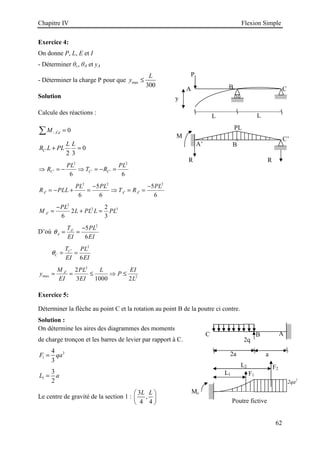 Chapitre IV Flexion Simple
62
P
C
L L
B
A
y
R R
B
A’
M C’
PL
C A
2a
F2
2qa2
B
2q
a
F1
L1
L2
Mc
Poutre fictive
Exercice 4:
On donne P, L, E et I
- Déterminer θc, θA et yA
- Déterminer la charge P pour que max
300
L
y ≤
Solution
Calcule des réactions :
/ 0
A d
M ′ =
∑
0
2 3
C
L L
R L PL
′ + =
2 2
6 6
C C C
PL PL
R T R
′ ′ ′
⇒ = − ⇒ = − =
2 2 2
5 5
6 6 6
A A A
PL PL PL
R PLL T R
′ ′ ′
− −
= − + = ⇒ = =
2
2 3
2
2
6 3
A
PL
M L PL L PL
′
−
= + =
D’où
2
5
6
A
A
T PL
EI EI
θ ′ −
= =
2
6
C
C
T PL
EI EI
θ ′
= =
3
max 2
2
3 1000 2
A
M PL L EI
y P
EI EI L
′
= = ≤ ⇒ ≤
Exercice 5:
Déterminer la flèche au point C et la rotation au point B de la poutre ci contre.
Solution :
On détermine les aires des diagrammes des moments
de charge tronçon et les barres de levier par rapport à C.
3
1
4
3
F qa
=
1
3
2
L a
=
Le centre de gravité de la section 1 :
3
,
4 4
L L
 
 
 
 