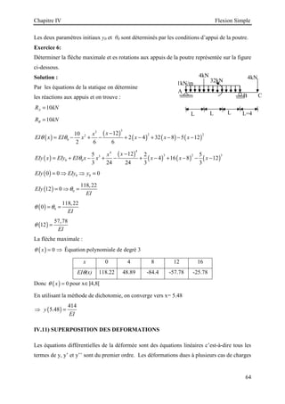 Chapitre IV Flexion Simple
64
A
C
L
B
L
4kN
32kN
4kN
1kN/m
L L=4
Les deux paramètres initiaux y0 et θ0 sont déterminés par les conditions d’appui de la poutre.
Exercice 6:
Déterminer la flèche maximale et es rotations aux appuis de la poutre représentée sur la figure
ci-dessous.
Solution :
Par les équations de la statique on détermine
les réactions aux appuis et on trouve :
10
A
R kN
=
10
B
R kN
=
( )
( )
( ) ( ) ( )
3
3
2 2
2
0
12
10
2 4 32 8 5 12
2 6 6
x
x
EI x EI x x x x
θ θ
−
= − + − + − + − − −
( )
( )
( ) ( ) ( )
4
4
3 2 3
3
0 0
12
5 2 5
4 16 8 12
3 24 24 3 3
x
x
EIy x EIy EI x x x x x
θ
−
= + − + − + − + − − −
( ) 0 0
0 0 0
EIy EIy y
= ⇒ ⇒ =
( ) 0
118,22
12 0
EIy
EI
θ
= ⇒ =
( ) 0
118,22
0
EI
θ θ
= =
( )
57,78
12
EI
θ =
La flèche maximale :
( ) 0
x
θ = ⇒ Équation polynomiale de degré 3
x 0 4 8 12 16
EIθ(x) 118.22 48.89 -84.4 -57.78 -25.78
Donc ( ) 0
x
θ = pour x∈]4,8[
En utilisant la méthode de dichotomie, on converge vers x= 5.48
⇒ ( )
414
5.48
y
EI
=
IV.11) SUPERPOSITION DES DEFORMATIONS
Les équations différentielles de la déformée sont des équations linéaires c’est-à-dire tous les
termes de y, y’ et y’’ sont du premier ordre. Les déformations dues à plusieurs cas de charges
 