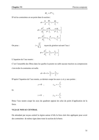 Chapitre VI Flexion composée
75
*
y p
M P z
=
D’où les contraintes en un point dans la section :
y z
y z
M M
N
z y
A I I
σ = + +
1 y z
y z
M M
P A A
z y
A P I P I
σ
 
= + +
 
 
 
1 p p
y z
P A A
z z y y
A I I
σ
 
= + +
 
 
 
On pose : i
I
i
A
= rayon de giration suivant l’axe i
2 2
1 p p
y z
z y
P
z y
A i i
σ
 
= + +
 
 
 
L’équation de l’axe neutre :
C’est l’ensemble des fibres dans les quelles la poutre ne subit aucune traction ou compression
c'est-à-dire la contrainte est nulle.
2 2
0 1
p p
y z
z y
z y
i i
σ = = + +
D’après l’équation de l’axe neutre, ce dernier coupe les axes zz et yy aux points :
0
y = ,
2
y
AN
p
i
z
z
= −
Et
0
z = ,
2
z
AN
p
i
y
y
= −
Donc l’axe neutre coupe les axes du quadrant opposé de celui du point d’application de la
force.
VI.2) LE NOYAU CENTRAL
On attendant par noyau central la région autour d’elle la force doit être appliquée pour avoir
des contraintes de même signe dans toute la section de la barre.
 