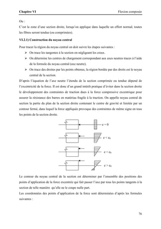 Chapitre VI Flexion composée
76
e = 0
e  e0
e = e0
e  e0
Ou :
C’est la zone d’une section droite, lorsqu’on applique dans laquelle un effort normal, toutes
les fibres seront tendue (ou comprimées).
VI.2.1) Construction du noyau central
Pour tracer la région du noyau central on doit suivre les étapes suivantes :
 On trace les tangentes à la section on négligeant les creux.
 On détermine les centres de chargement correspondant aux axes neutres traces à l’aide
de la formule du noyau central (axe neutre).
 On trace des droites par les points obtenus, la région bordée par des droits est le noyau
central de la section.
D’après l’équation de l’axe neutre l’étendu de la section comprimée ou tendue dépend de
l’excentricité de la force. Il est donc d’un grand intérêt pratique d’éviter dans la section droite
le développement des contraintes de traction dues à la force compressive excentrique pour
assurer la résistance des barres en matériau fragile à la traction. On appelle noyau central de
section la partie du plan de la section droite contenant le centre de gravité et limitée par un
contour fermé, dans lequel la force appliquée provoque des contraintes de même signe en tous
les points de la section droite.
Le conteur du noyau central de la section est déterminer par l’ensemble des positions des
points d’application de la force excentrée qui fait passer l’axe par tous les points tangents à la
section de telle manière qu’elle ne le coupe nulle part.
Les coordonnées des points d’application de la force sont déterminées d’après les formules
suivantes :
 