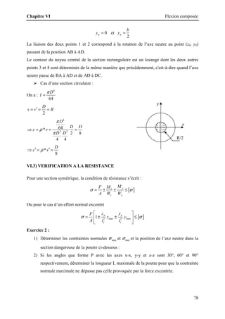 Chapitre VI Flexion composée
78
z
y
R/2
0
p
y = et
2
p
b
y =
La liaison des deux points 1 et 2 correspond à la rotation de l’axe neutre au point (z0, y0)
passant de la position AB à AD.
Le contour du noyau central de la section rectangulaire est un losange dont les deux autres
points 3 et 4 sont déterminés de la même manière que précédemment, c'est-à-dire quand l’axe
neutre passe de BA à AD et de AD à DC.
 Cas d’une section circulaire :
On a :
4
64
D
I
π
=
2
D
v v R
′
= = =
4
2 2
64
*
2 8
4 4
D
D D
c v
D D
π
ρ
π
⇒ = = =
*
8
D
c v
ρ
′ ′
⇒ = =
VI.3) VERIFICATION A LA RESISTANCE
Pour une section symétrique, la condition de résistance s’écrit :
[ ]
y
z
z y
M
M
F
A W W
σ σ
= ± ± ≤
Ou pour le cas d’un effort normal excentré
[ ]
max max
2 2
1 p p
y z
z y
F
z y
A i i
σ σ
 
= ± ± ≤
 
 
 
Exercice 2 :
1) Déterminer les contraintes normales max
σ et min
σ et la position de l’axe neutre dans la
section dangereuse de la poutre ci-dessous :
2) Si les angles que forme P avec les axes x-x, y-y et z-z sont 30°, 60° et 90°
respectivement, déterminer la longueur L maximale de la poutre pour que la contrainte
normale maximale ne dépasse pas celle provoquée par la force excentrée.
 